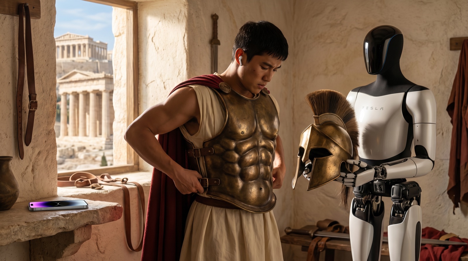 A young warrior in Spartan armor, a humanoid Optimus robot squire handing him his helmet as he prepares for battle.