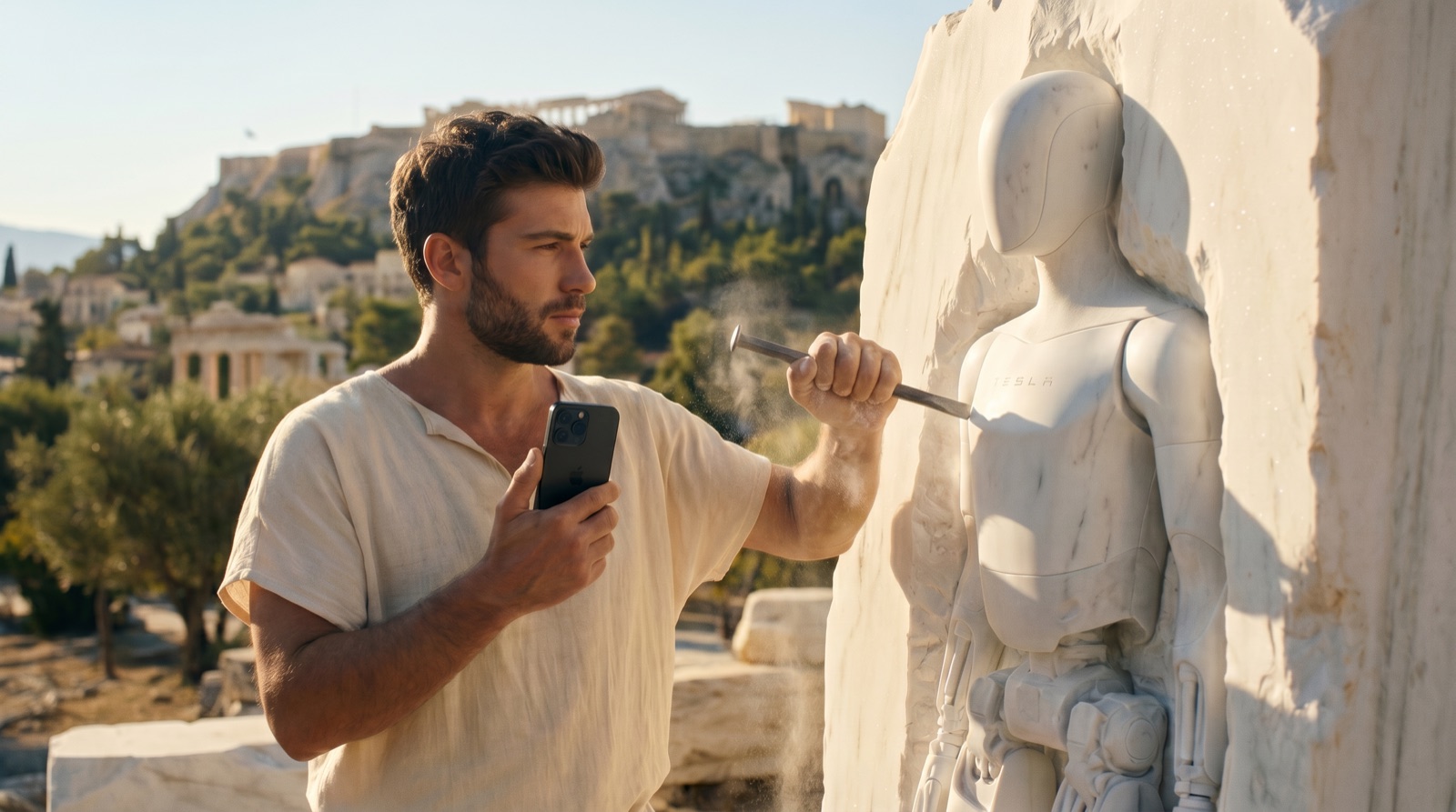 A classical sculptor chiseling a humanoid Optimus robot emerging from white marble, holding a modern iPhone.